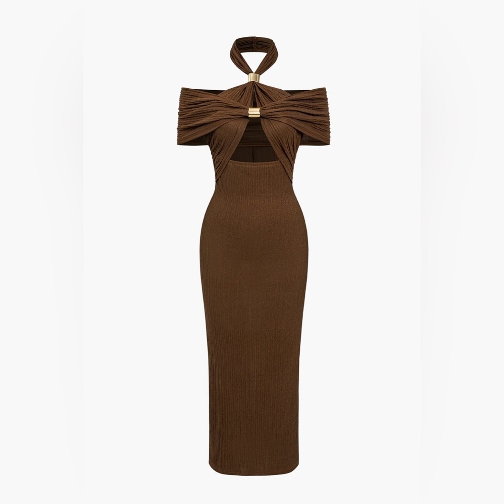 MICAS - NEW w/ Tags! Chestnut Off-Shoulder Bodycon w/ Gold Details